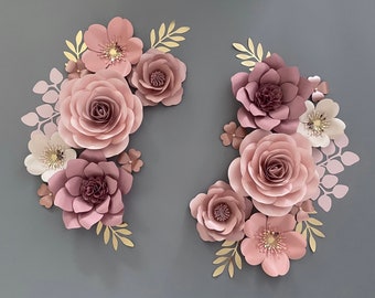 Ensemble de fleurs en papier or rose mauve, décoration murale de fleurs en papier pour chambre de bébé, fleurs pour bébé fille, fleurs en papier, fleurs en papier pour chambre de bébé, fleurs murales