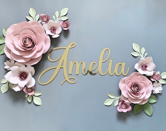 Paper Flower Nursery Decor Set: Gold Name Sign, Baby Girl Flowers