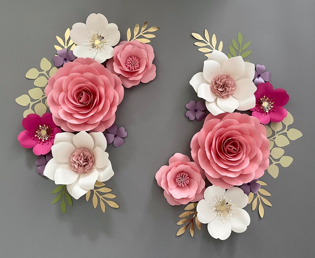 Pink & Gold Paper Flower Wall Decor Set: Nursery Flowers and Name Sign ...