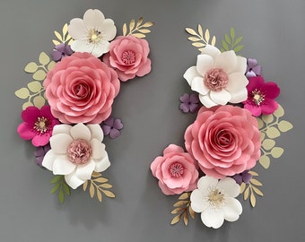Pink & Gold Paper Flower Wall Decor Set: Nursery Flowers and Name Sign