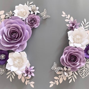 Ensemble de fleurs en papier blanc lilas, décoration murale de fleurs en papier pour chambre de bébé, fleurs pour chambre de bébé fille, fleurs en papier, fleurs en papier pour chambre de bébé, fleurs murales