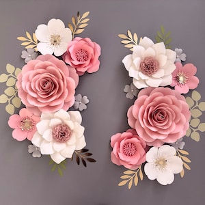 Set di fiori di carta rosa confetto e oro, decorazione da parete con fiori di carta per cameretta dei bambini, fiori per bambine, fiori di carta, fiori di carta per cameretta dei bambini, fiori da parete