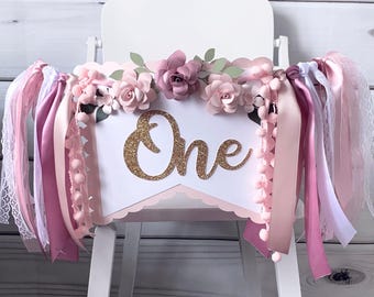 Mauve 1st Birthday High Chair Banner, ONE Banner, Baby Girl Banner, Floral Banner, Cake topper, Birthday Banner, Photo Shoot