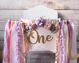 Lavender 1st Birthday High Chair Banner, ONE Banner, Baby Girl Banner, Floral Banner, Cake topper, Birthday Banner, Photo Shoot