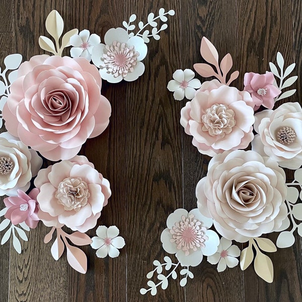 Conjunto de flores de papel rosa rubor, decoración de pared de flores de papel de vivero, flores de vivero de niñas, flores de papel, flores de papel de vivero, flores de pared