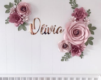 Paper Flower Wall Decor Set: Pink Nursery Flowers & Name Sign