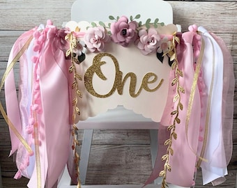 Dusty Pink 1st Birthday High Chair Banner, ONE Banner, Baby Girl Banner, Floral Banner, Cake topper, Birthday Banner, Photo Shoot