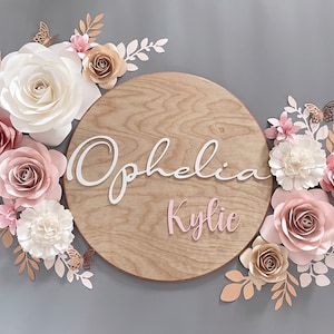 Ensemble de fleurs en papier rose, blanc cassé, or rose, fleurs en papier pour chambre de bébé, fleurs bébé fille, fleurs en papier, fleurs en papier pour chambre de bébé, prénom en bois