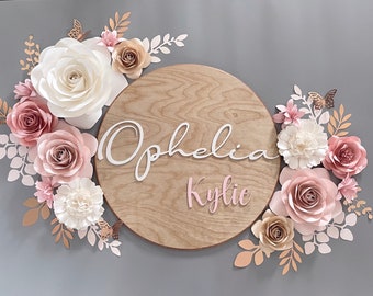 Pink & Rose Gold Paper Flower Set with Wood Name Sign