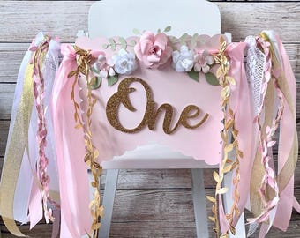 Pink Floral 1st Birthday High Chair Banner, ONE Cake Topper