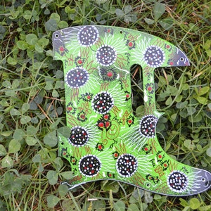Può includere: Un battipenna per chitarra verde con un design astratto in bianco e nero. Il design presenta cerchi con punti bianchi e accenti rossi.