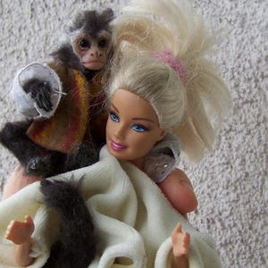Puede incluir: Una muñeca Barbie con cabello rubio y ojos azules sostiene un pequeño mono. El mono lleva un chaleco marrón y amarillo. La muñeca está envuelta en una manta blanca. El mono tiene una venda blanca en la mano izquierda.