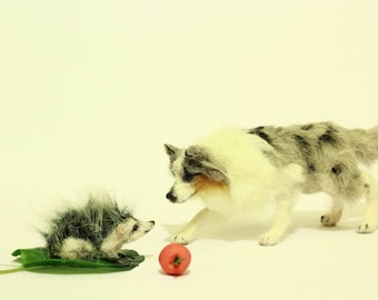 Made to order Ooak Dollhouse Miniature  australian shepherd blue merle dog & hedgehog by Malga