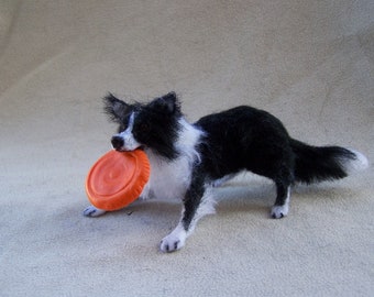 MADE to ORDER ooak  Dollhouse Miniature Border Collie dog playing frisbee by Malga