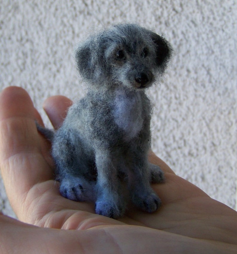 May include: A small, gray, needle-felted dog figurine sitting on a hand. The dog has a fluffy coat and is sitting with its paws tucked under its body.
