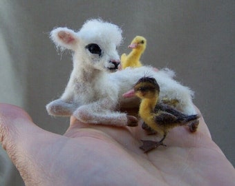 Made to order Ooak Dollhouse Miniature Lamb & 2 baby ducks by Malga