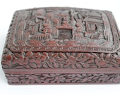 Antique XIX c Chinese Carved Cinnabar Lacquer Box Qing Dynasty signed Qianlong mark is set in a rectangular cartouche.