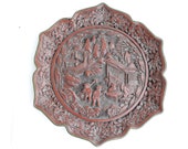 Antique XIX c Chinese Carved Cinnabar Lacquer dish Qing Dynasty signed Qianlong mark is set in a rectangular cartouche.