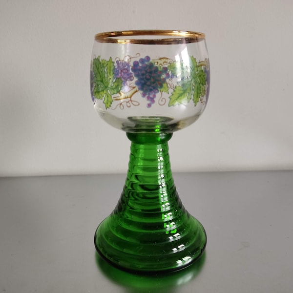 Vintage German Ribbed Hollow Stem Roemer Wine Glass Bacchus, Grape with Leafs