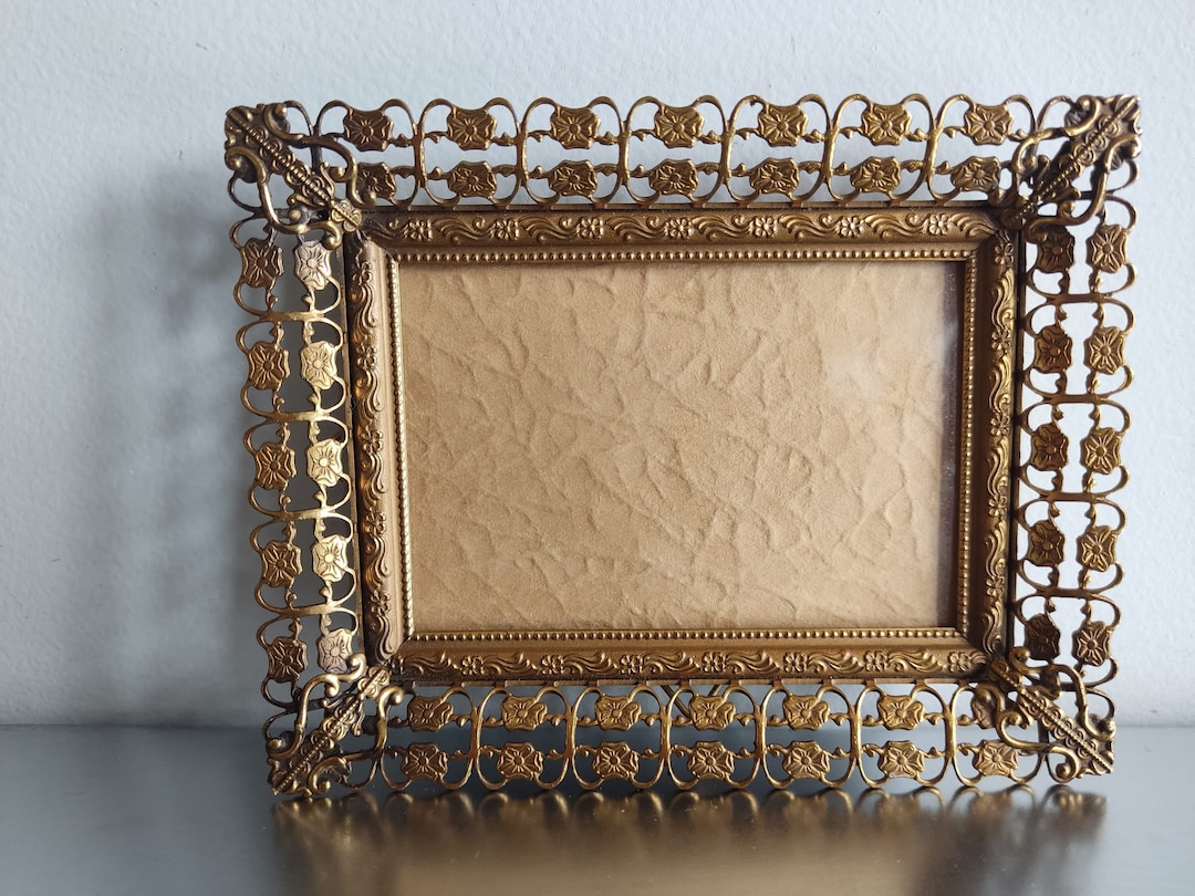 Antique Brass Picture Frame With Original Convex Glass / Floral Motiff 1910s Decorative Arts