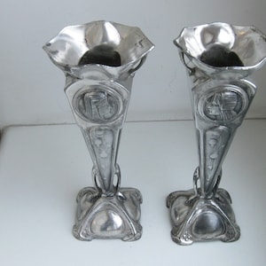 Antique 1900 Vintage Art Nouveau Pair Two Vases Zinn pewter  Bitter & Gobbers Germany
