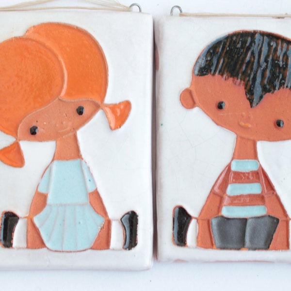 Vintage handgemachte Keramik schwedischen paar junge und Mädchen Wand Plaque
