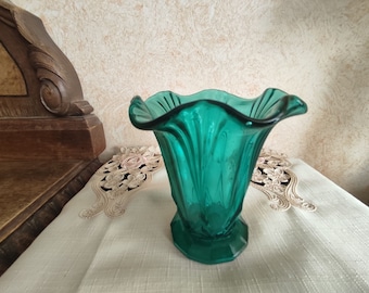 1940's Sweden Glass Vase Cyan Art Deco Flowers Decoration Decor Antique Vintage Swedish Hand Blown