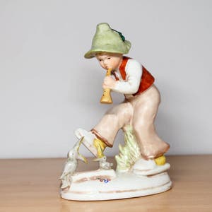 1960s German Porcelain Figurine Boy with Flute Vintage Hand Painted Bird Figure Statue Sculpture Farm Countryside Decor Centrepiece Music