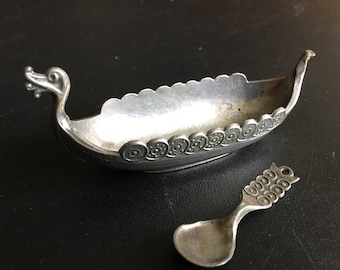 Vintage Salt Cellar Handstop TPB Tinn Pewter NORGE Viking Ship decor kitchenware