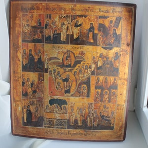 Large Antique XIX century RUSSIAN ICON Orthodox Icon Church Feasts.