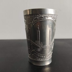 Vintage  Pewter shot glass made of tin with views of the city of Göteborg, Sweden / Eric Engberg/ Minne Frän 1923