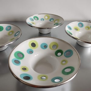 Set of 4 Vintage Enamel Ikea Votive Candle Holders /   White Enamel / Green Blue and Green Dots / Sweden Decorative Display  1990s