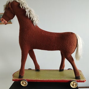 Vintage Germany Child Size Toy Hobby Mohair Pull Horse On Wheels