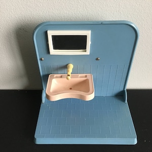 Vintage Dollhouse Bathroom Plastic Furniture: Mirror and Sink with Water Tank and working faucet 1970s