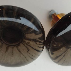 Op de afbeelding: Twee donkergrijze, ovaalvormige kastknoppen met een glanzende afwerking. Elke knop heeft een centrale, donkerdere cirkelvormige inkeping en een patroon van uitstralende lijnen. De hardware is messingkleurig.