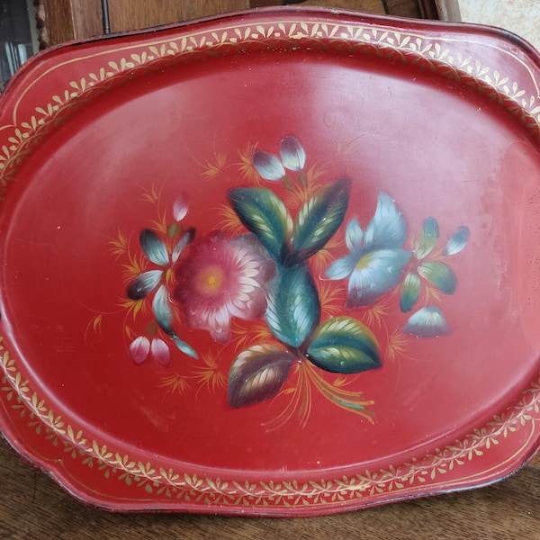 1970's Russian Field Flowers  Enamel Tea Tray - Glorious Red Rose Colourway - Handmade Zhostovo Traditional Metal Tray - Russian Folk Art