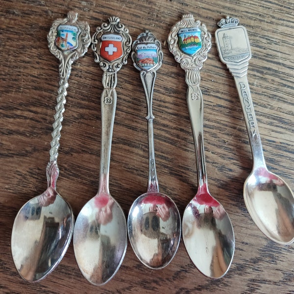 5 Collectible Spoons Souvenir Silver Plated Enamel  Spoon 1970s / Hippach/ Insel Mainau/ Col du Pillon/ Switzerland/ Gilleleje Danmark