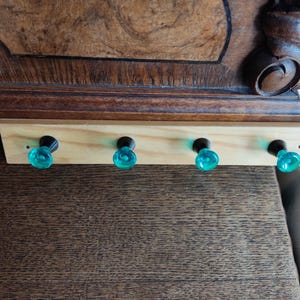 Vintage 1970s Wooden Wall Rack with 4 Green Plastic Hooks Retro Coat or Towel Holder Entryway Organizer Mid Century Home Decor