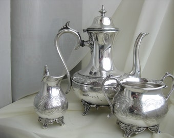 Old Antique Silverplate 3 Piece Coffee & Tea Tray Service Set Home Rustic Kitchen Ware