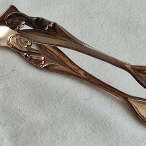 Può includere: Un paio di pinzette per lo zucchero in argento con un design elaborato. Le pinzette sono chiuse e hanno una finitura liscia e lucida.