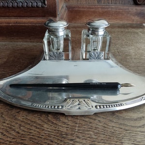Art Nouveau Silver Plated Sweden and Crystal Double Inkwell & Pen Tray, About 1900