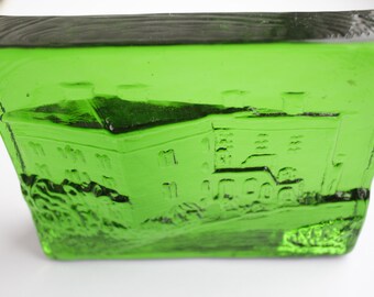 Rare Vintage Boda Sweden Cast Green Glass Paper weight Art Glass Plant building