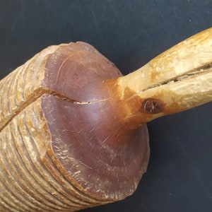 May include: A wooden rolling pin with a light brown handle and a dark brown, grooved rolling surface. The handle is attached to the rolling surface with a small, decorative knot.