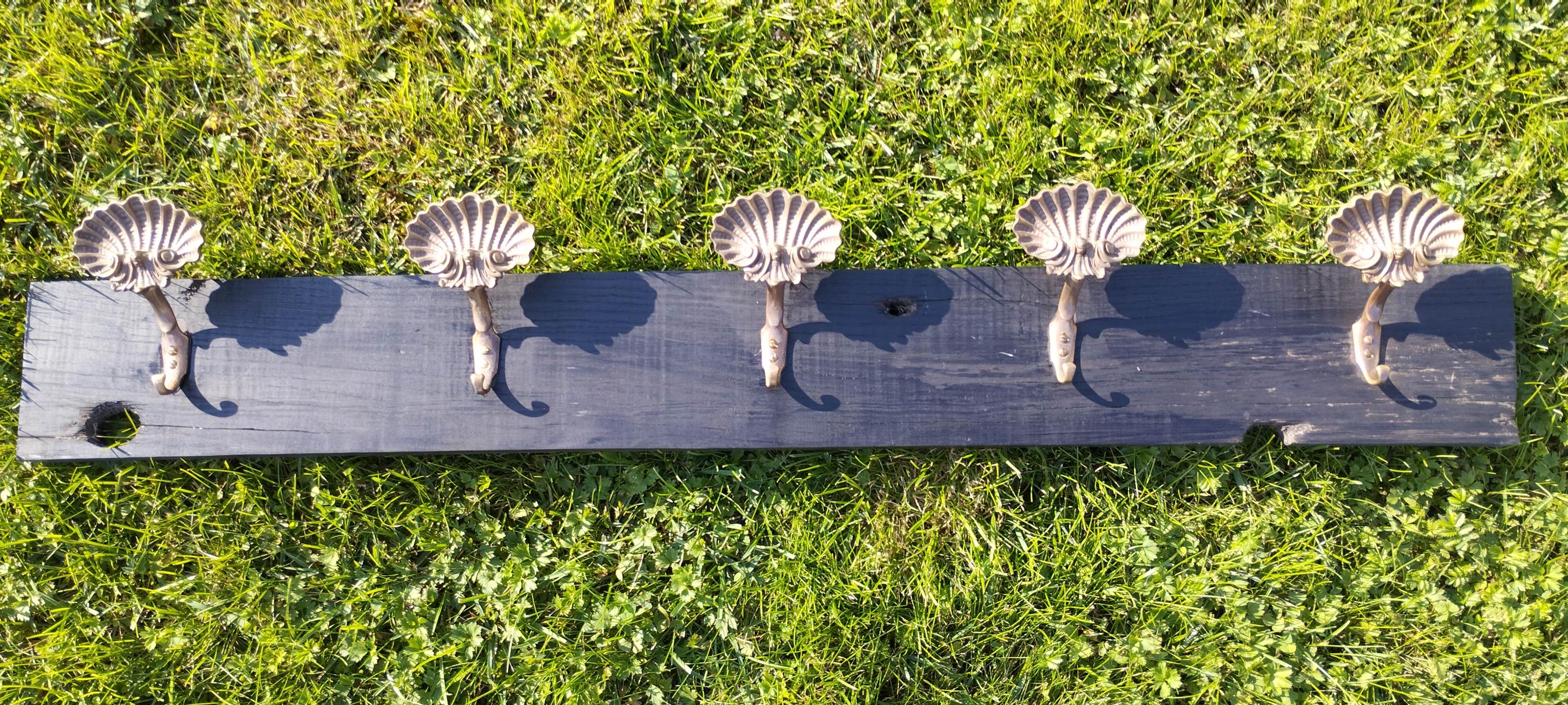 Antique oak bog wood sail rack with brass shell hooks