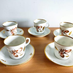 Juego de taza y platillo de café Royal Copenhagen (5 piezas) Antiguo juego de café coleccionable con detalles botánicos dorados de Dinamarca, decoración de cocina de 1940