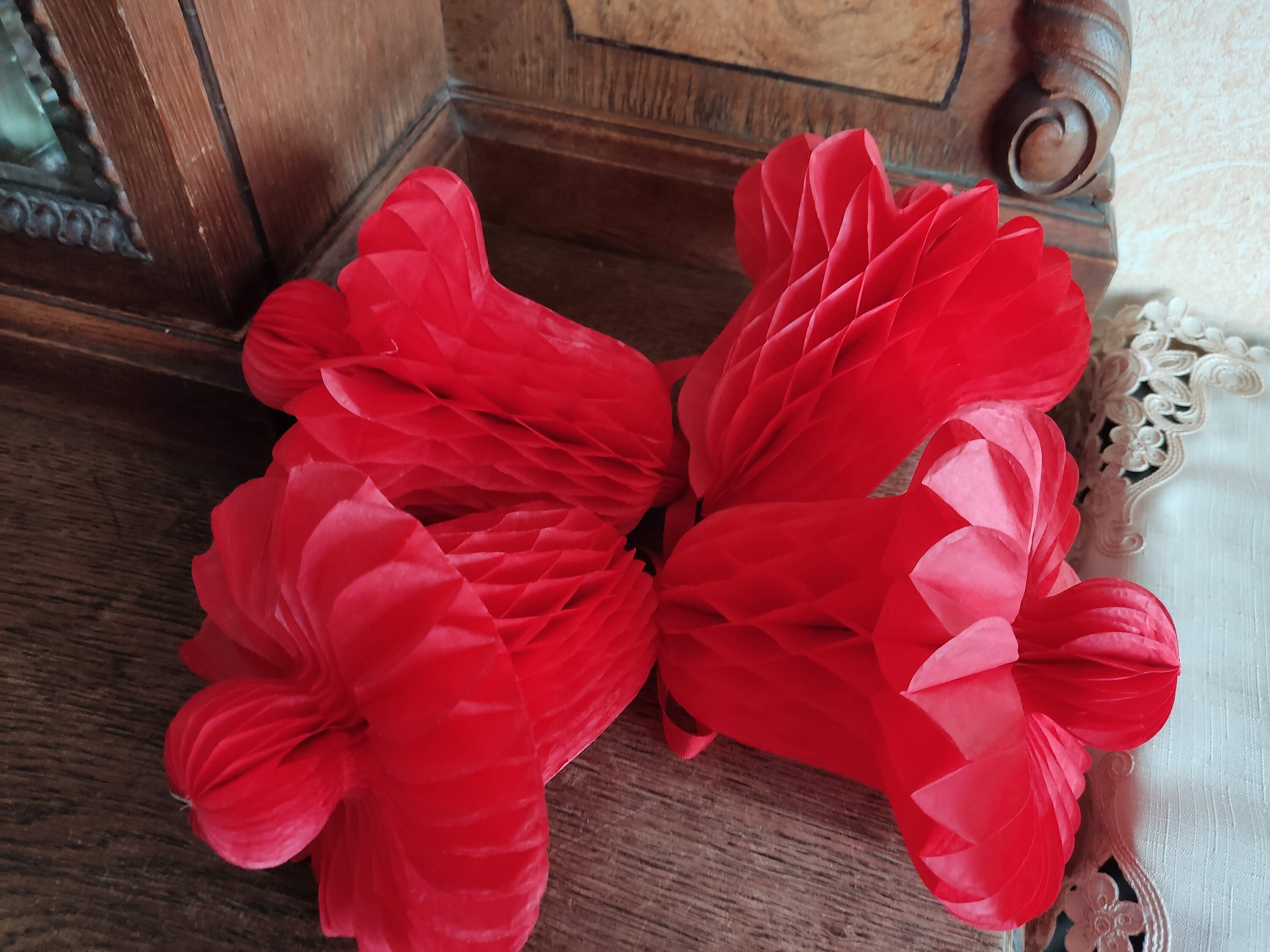 Vintage Old worn Honeycomb Tissue Paper Christmas Decorations Bell/ Set of 4 Red Paper Christmas Bells 1950s Christmas Garland