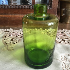 Transparent Green Vintage Art Glass Bottle Flower Stand, Bathroom Decor Antique Jar, Pharmacy bottle 1940s Minimalist Home Deco