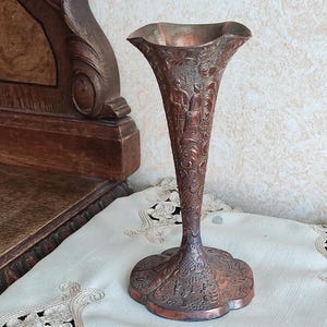 Vintage Copper Plated Pewter Vase Made in Japan Embossed Pastoral Scene Mid Century Rustic Metal Home Decor Farmhouse Accent 1950s