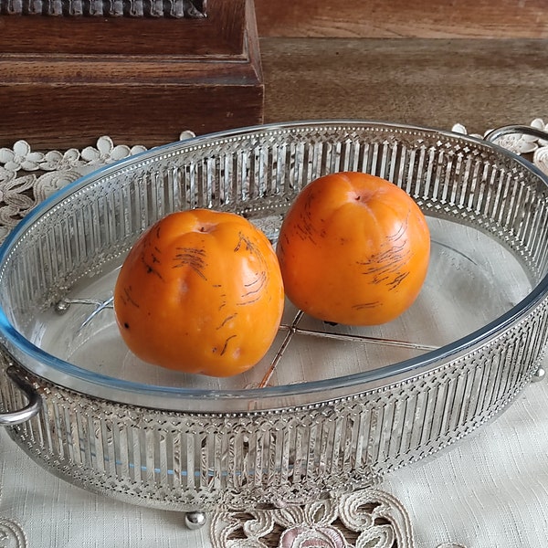 Mid Century Glass Casserole en Holder plaqué argent fabriqué en Angleterre