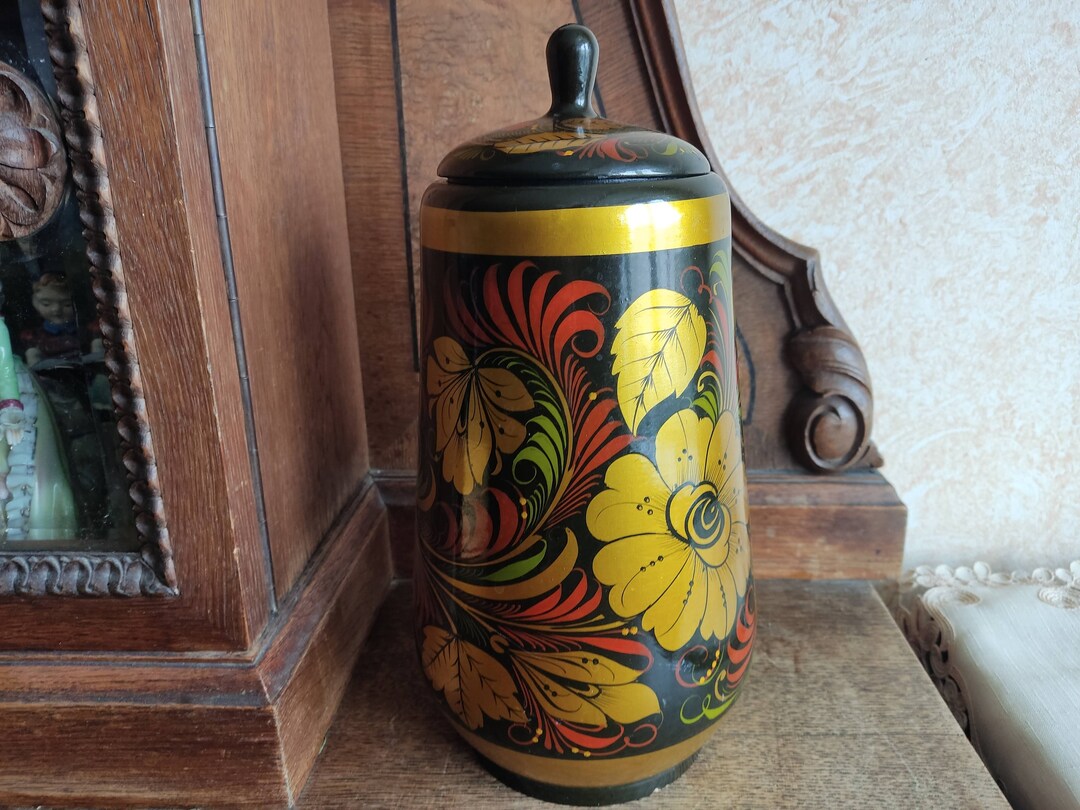 Vase Khokhloma Peint à La Main - Russie, Bois, 17 Cm, Rouge/noir/doré/vert
